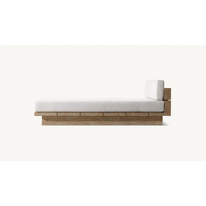 Teak outdoor sofa set showing waterproof cushion material and natural wood grain texture detail