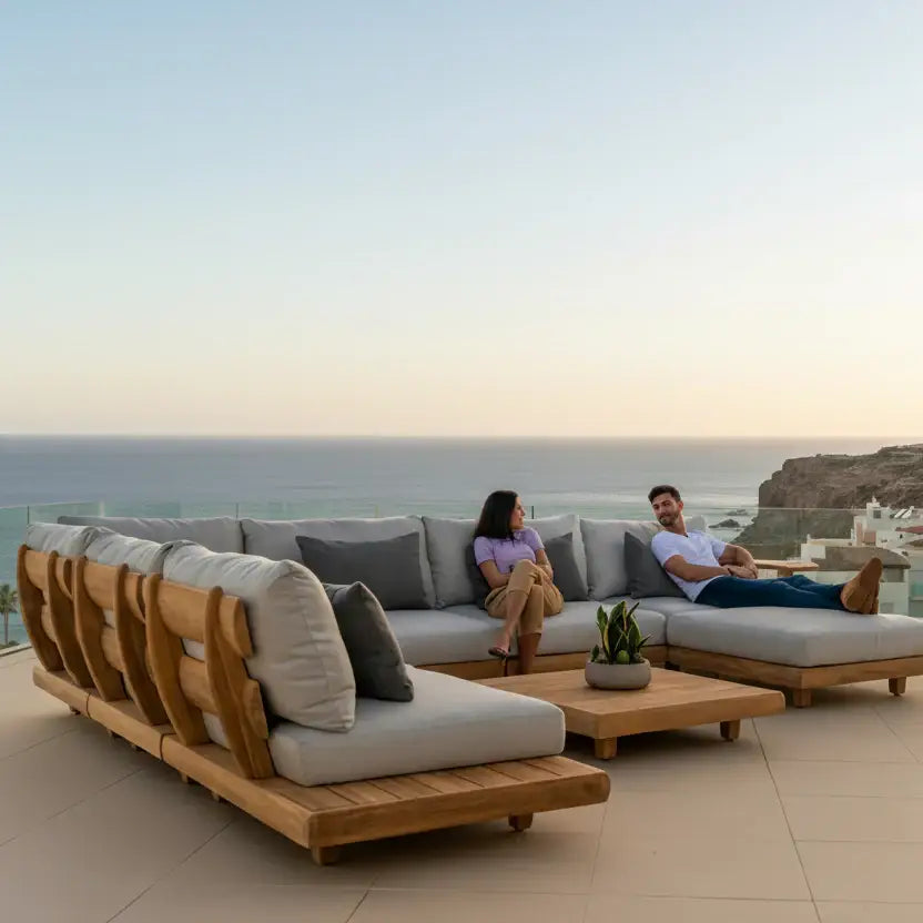 Teak outdoor sofa set with waterproof cushions and modular garden lounge furniture