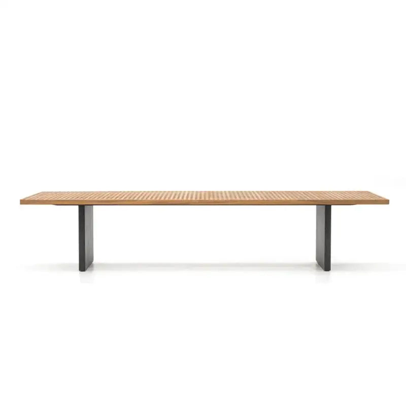 Teak wood grain detail on 8-seat outdoor dining set showing natural texture and durable material quality.