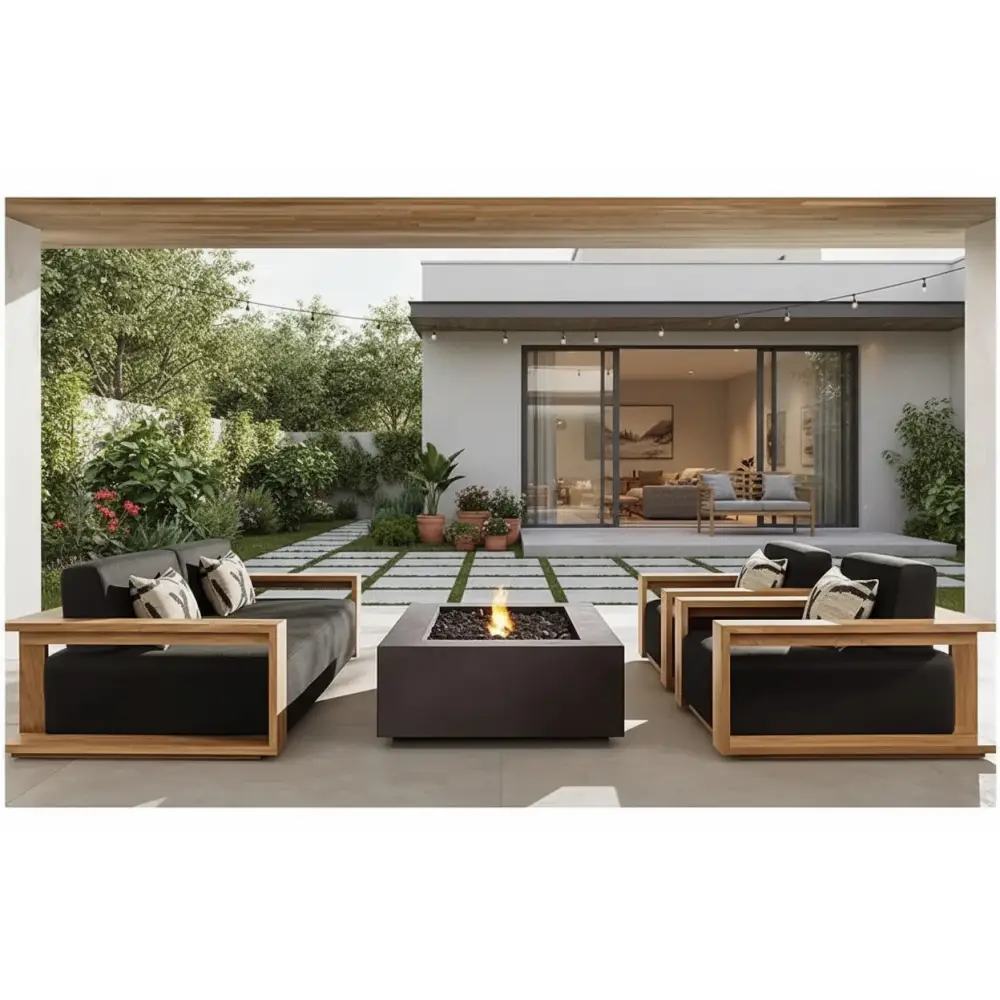 Teak wood outdoor sectional sofa with modern modular design in dark gray finish