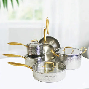 Three Layer Steel Hammered Non Stick Uncoated Cookware Set - 10 Piece set - Hammered gold Pots - Cookware set