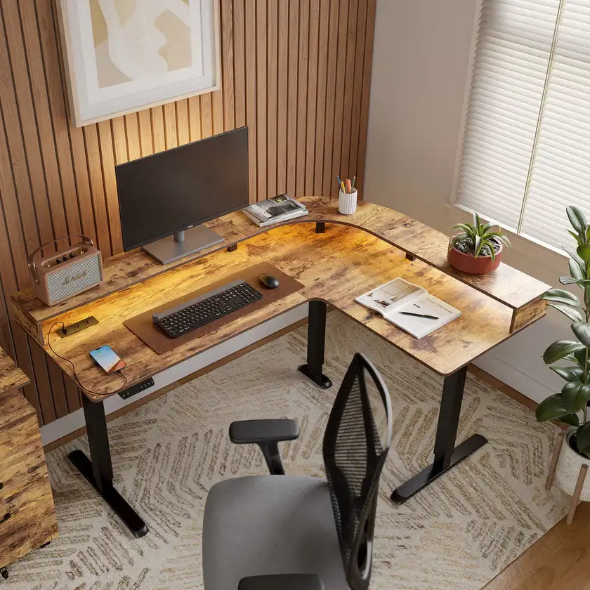 Triple Motor L-Shaped Standing Desk with Ambient Light & - Desk