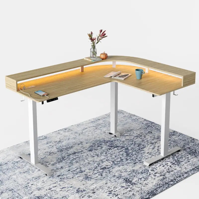 Triple Motor L-Shaped Standing Desk with Ambient Light & - Desk