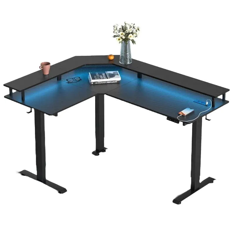 Triple Motor L-Shaped Standing Desk with Ambient Light & - Desk > Gaming Desk