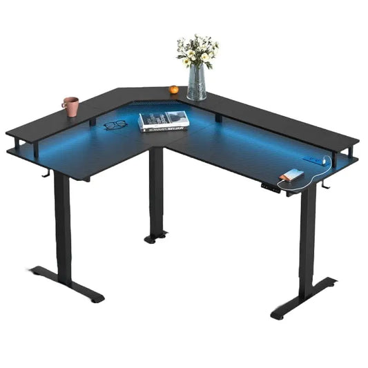 Triple Motor L-Shaped Standing Desk with Ambient Light & - Desk > Gaming Desk