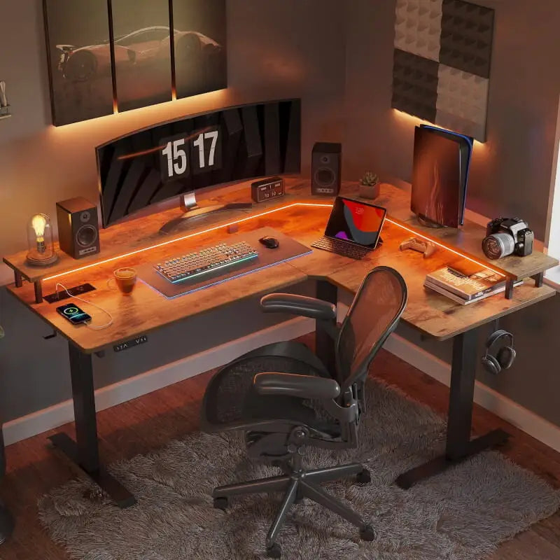 Triple Motor L-Shaped Standing Desk with Ambient Light & - Rustic Brown / 63’’ x 49’’ - Desk > Gaming Desk