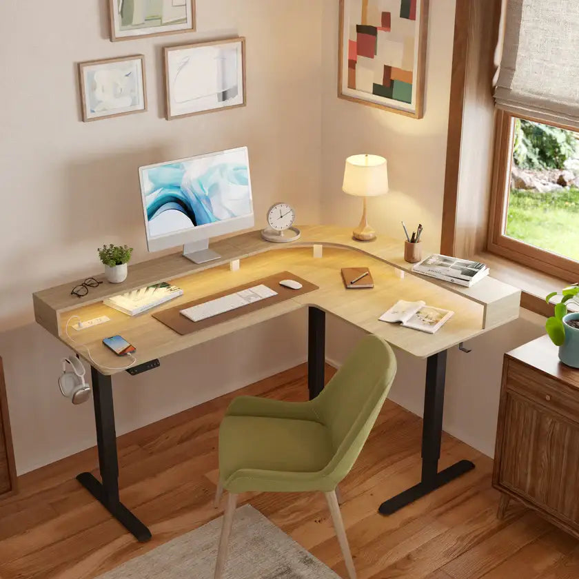Triple Motor L-Shaped Standing Desk with Ambient Light & - Light Walnut / 63’’ x 49’’ - Desk