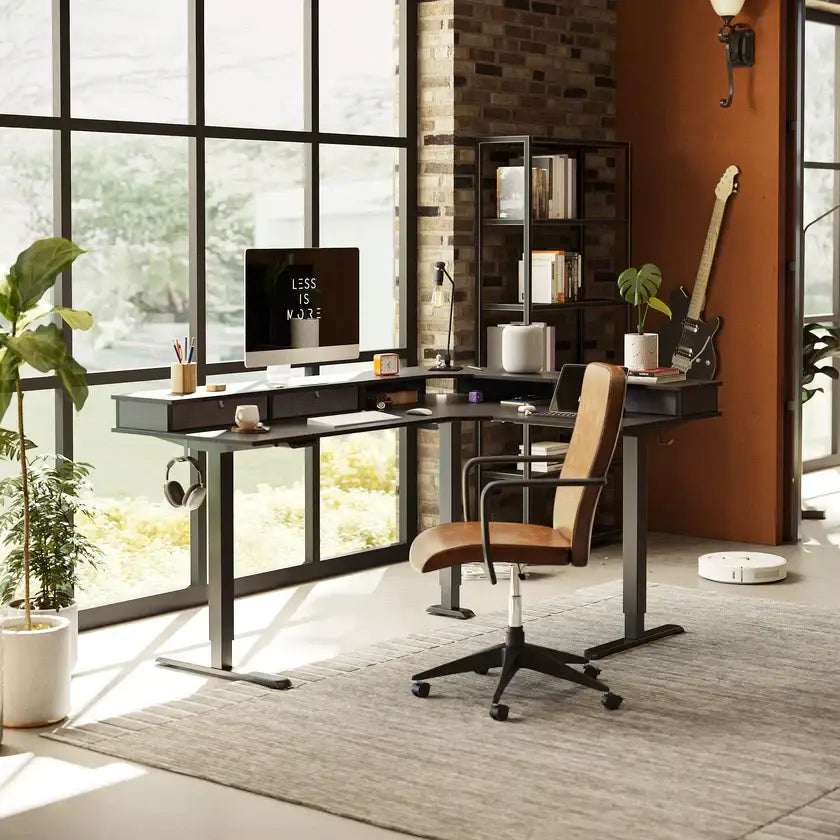 Reversible L-shaped with Upper Drawer - 63’’ x 55’’ / Black - Desk > Standing Desk > L Shaped Standing Desk