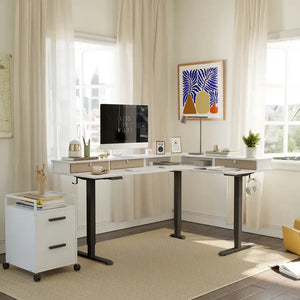 Reversible L-shaped with Upper Drawer - 63’’ x 55’’ / White - Desk > Standing Desk > L Shaped Standing Desk