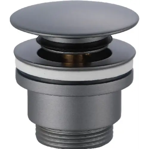 Matte gray modern click-clack bathroom valve by IMEX close-up