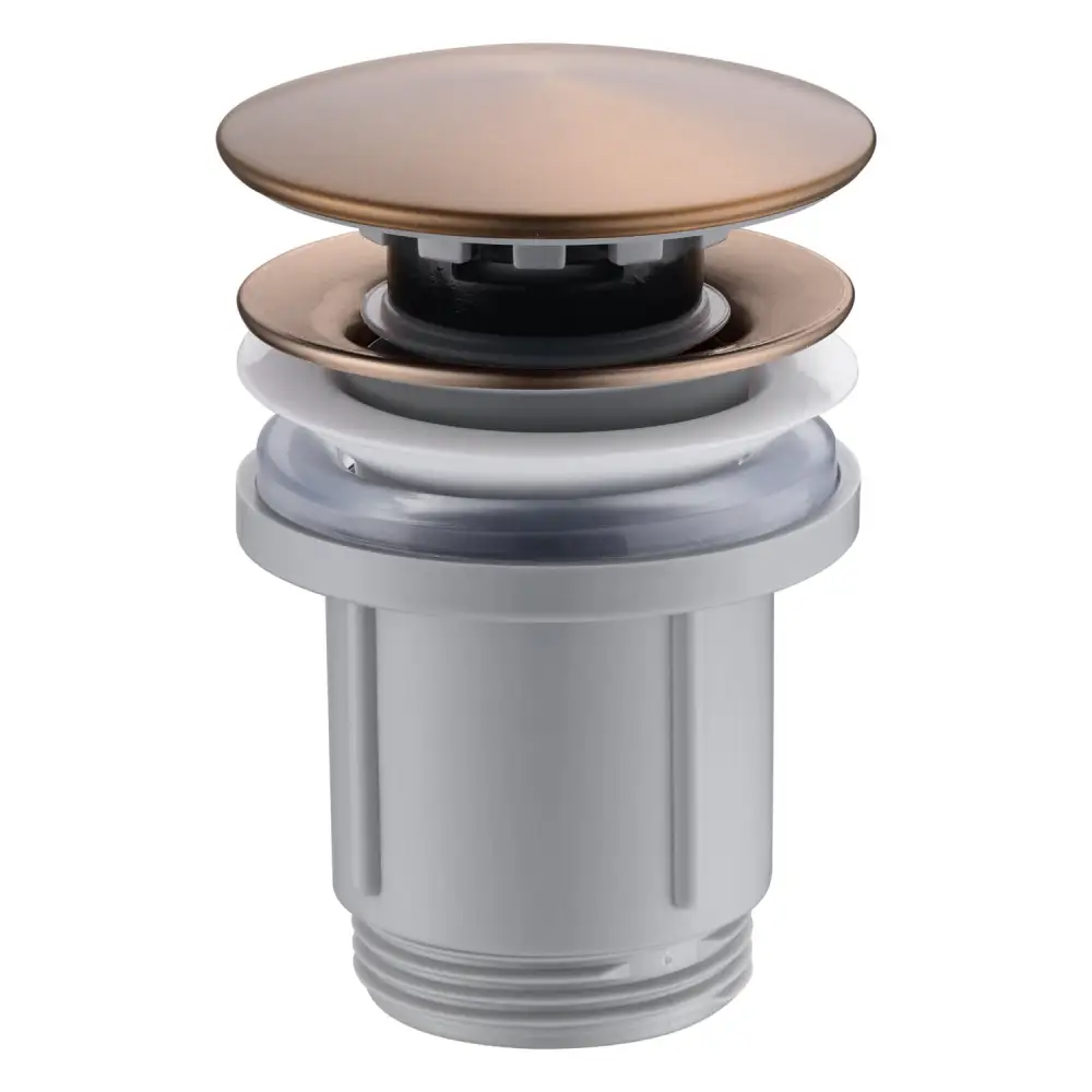 Brushed rose gold click clack valve for modern bathrooms, close-up detail