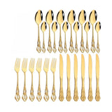 Vintage Cutlery Set Knife Fork Spoon - 24Pcs Gold - Knives