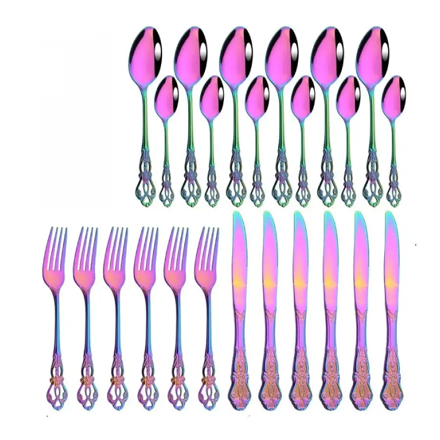 Vintage Cutlery Set Knife Fork Spoon - 24Pcs Rainbow - Knives