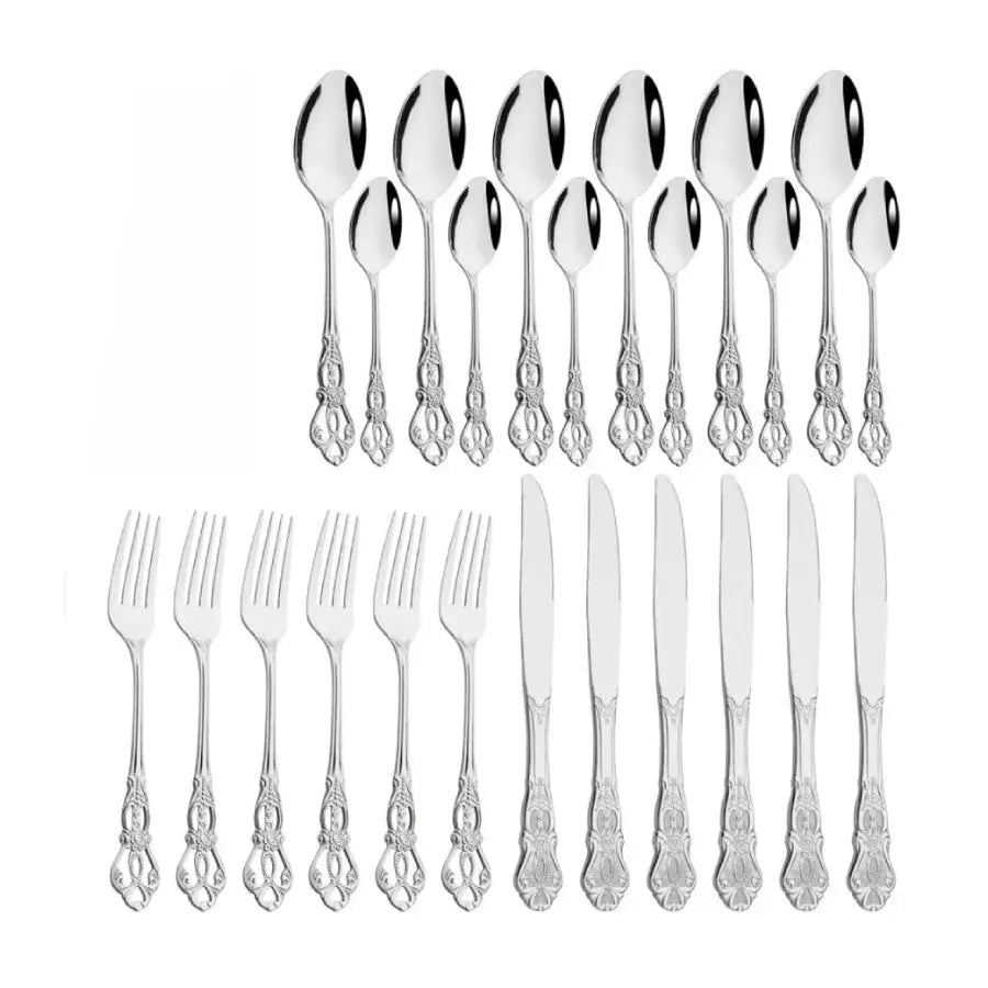 Vintage Cutlery Set Knife Fork Spoon - 24Pcs Silver - Knives