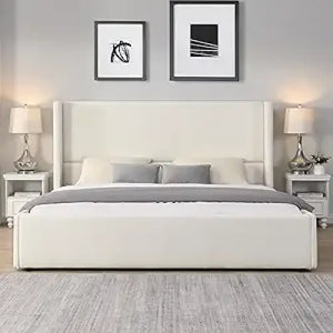 Wingback King Upholstered Wood Slats Platform Bed Frame - White - Bedroom