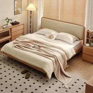 Wood Board Bed Frame with Upholstered Backrest and Bedside Table - view 2