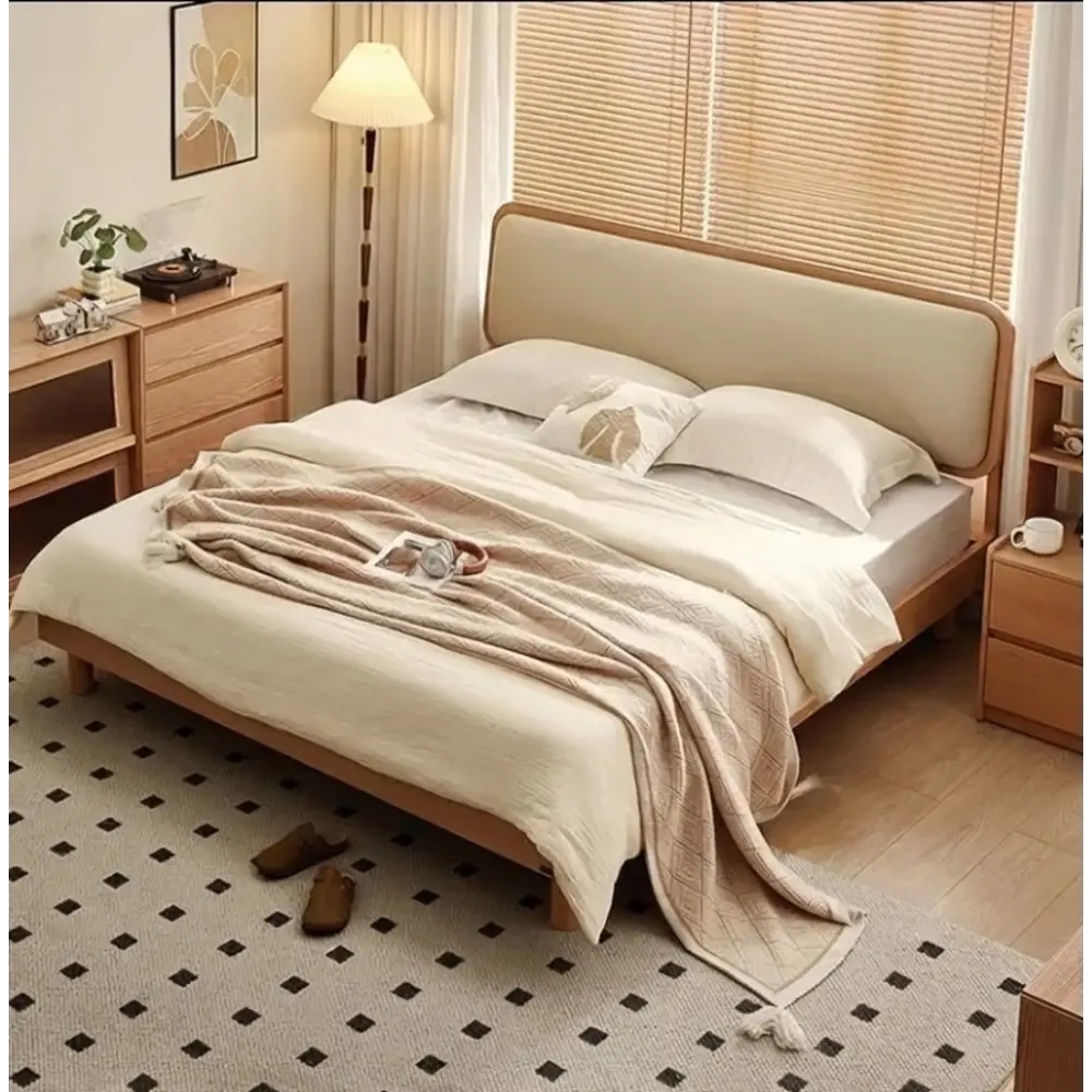Wood Board Bed Frame with Upholstered Backrest and Bedside Table - view 3