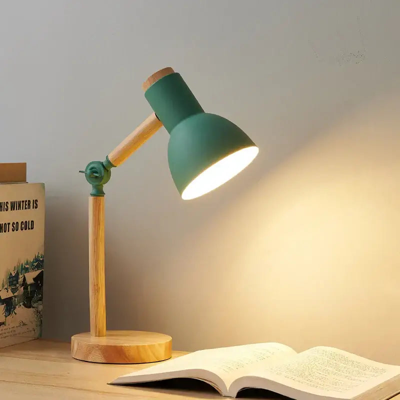 Wooden LED Turn Head Bedside Desk Reading Study Lamp - Green / EU plug - Desk Lamp