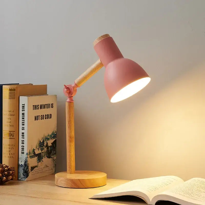 Wooden LED Turn Head Bedside Desk Reading Study Lamp - Pink / EU plug - Desk Lamp